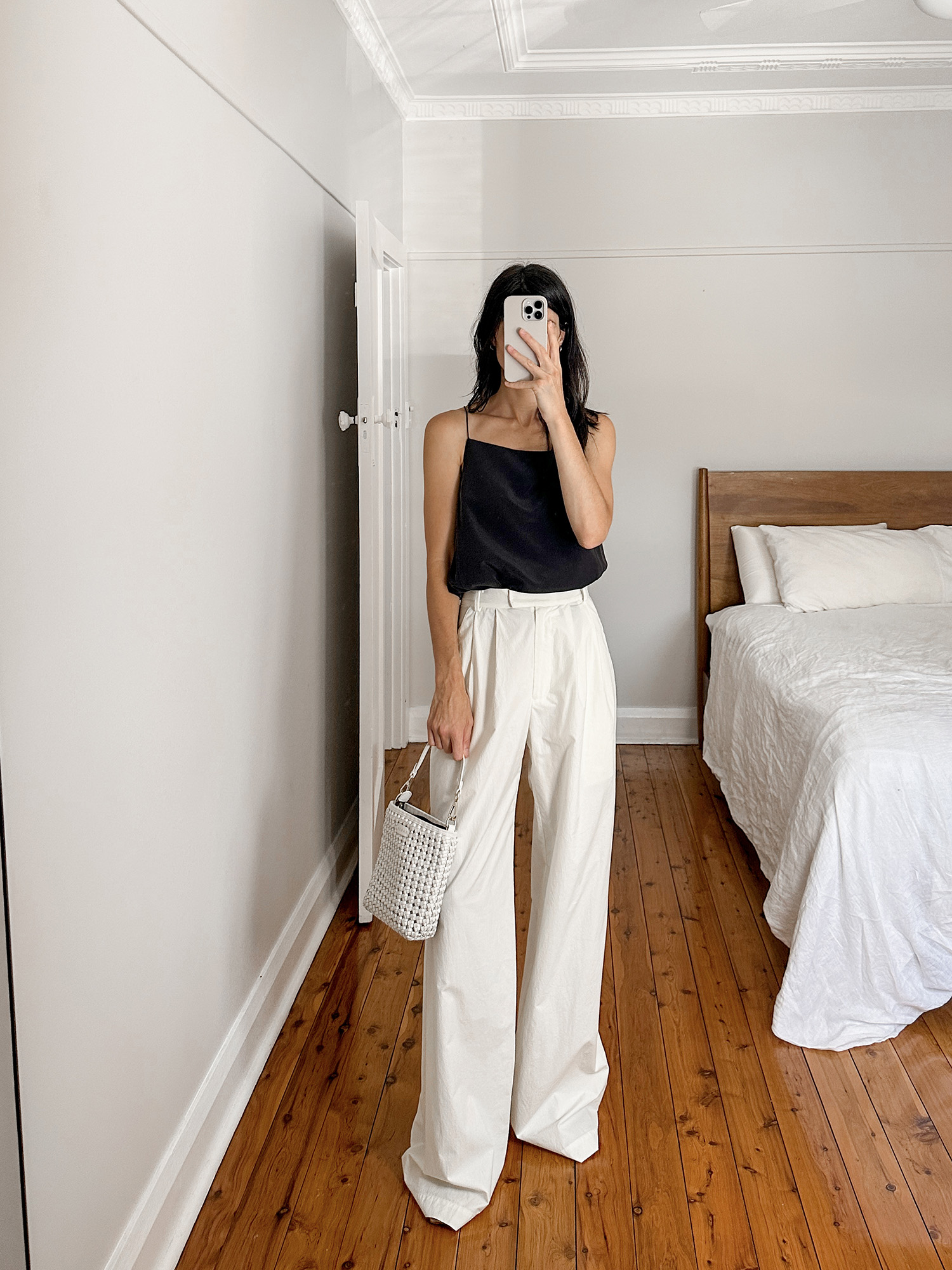 Grana silk camisole with Bondi Born trousers and By Far tanya mules