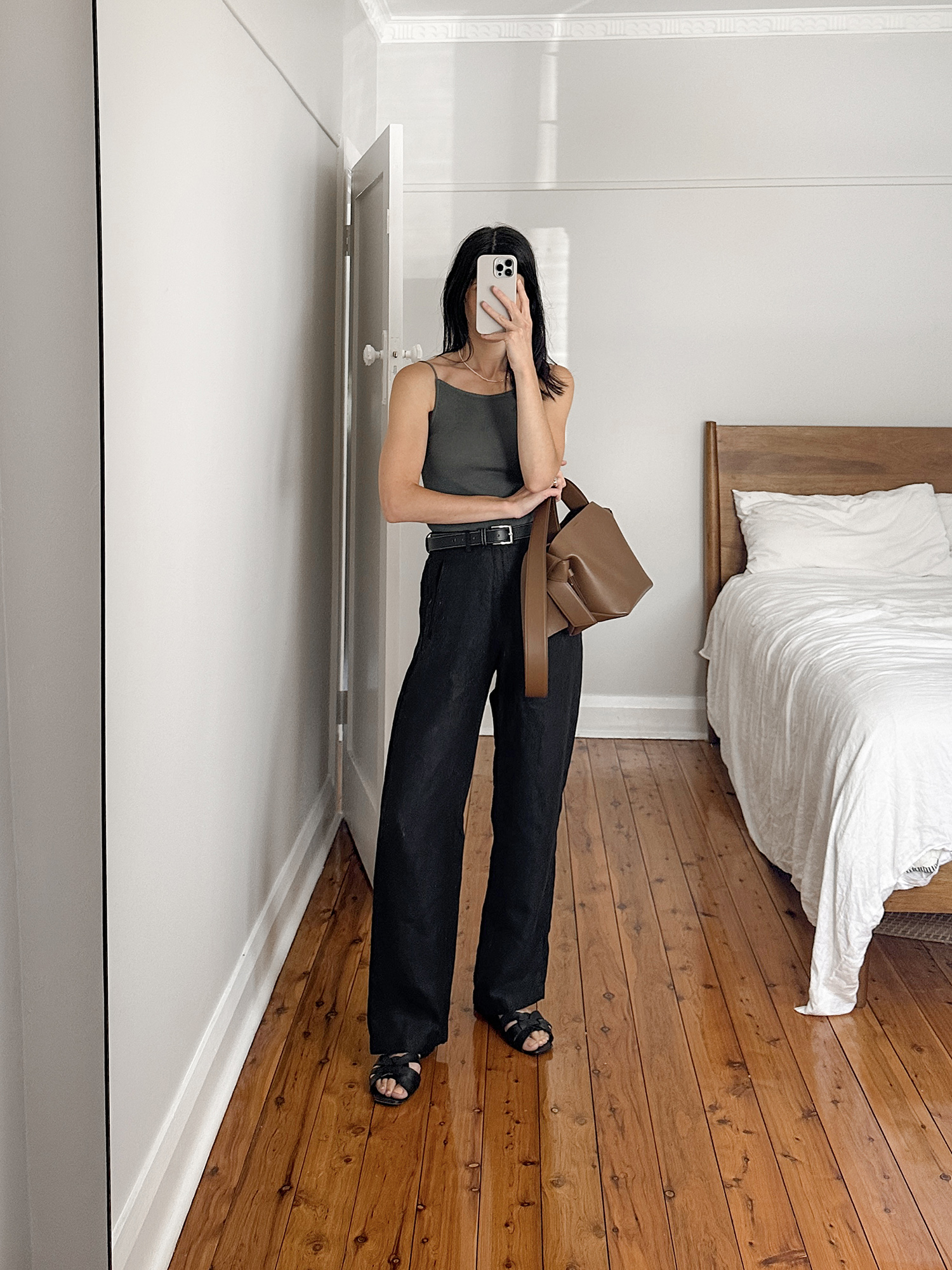 St Agni ribbed tank with Facade Pattern linen trousers summer capsule wardrobe style