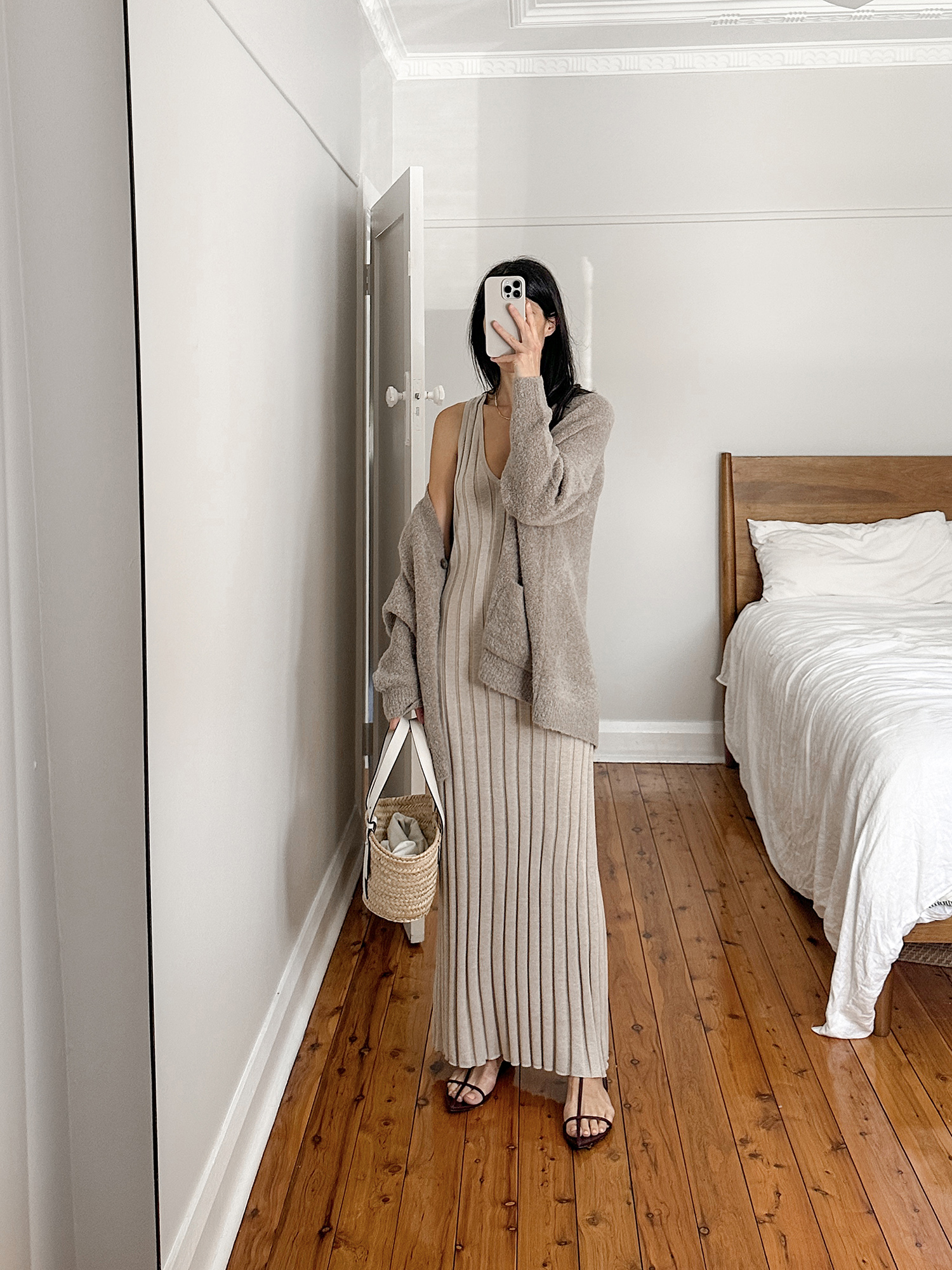 Sir the Label Isobel V Neck dress with Jenni Kayne boucle cardigan