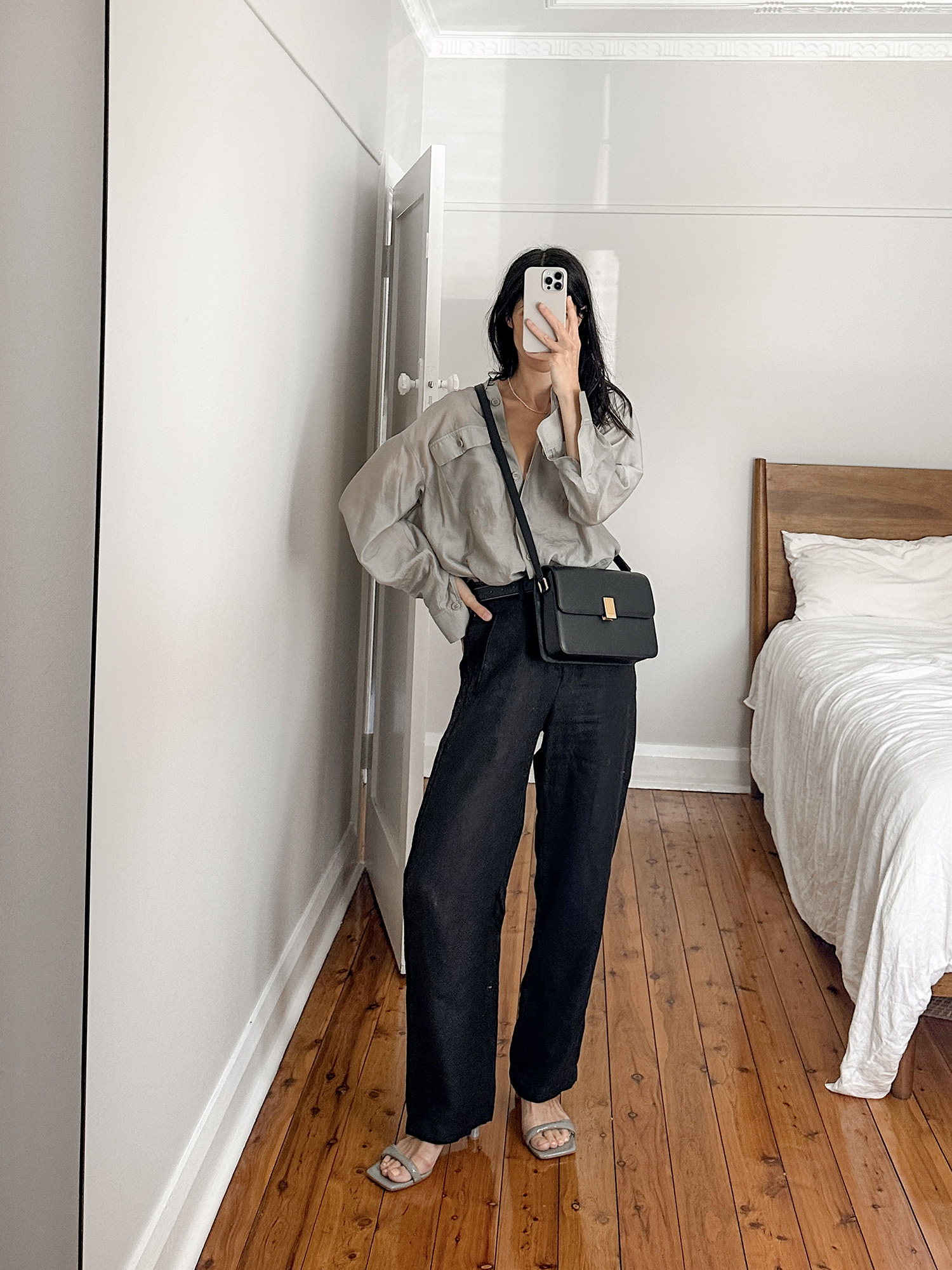 H* ash green blouse with Facade Pattern trousers and Tibi ola sandals