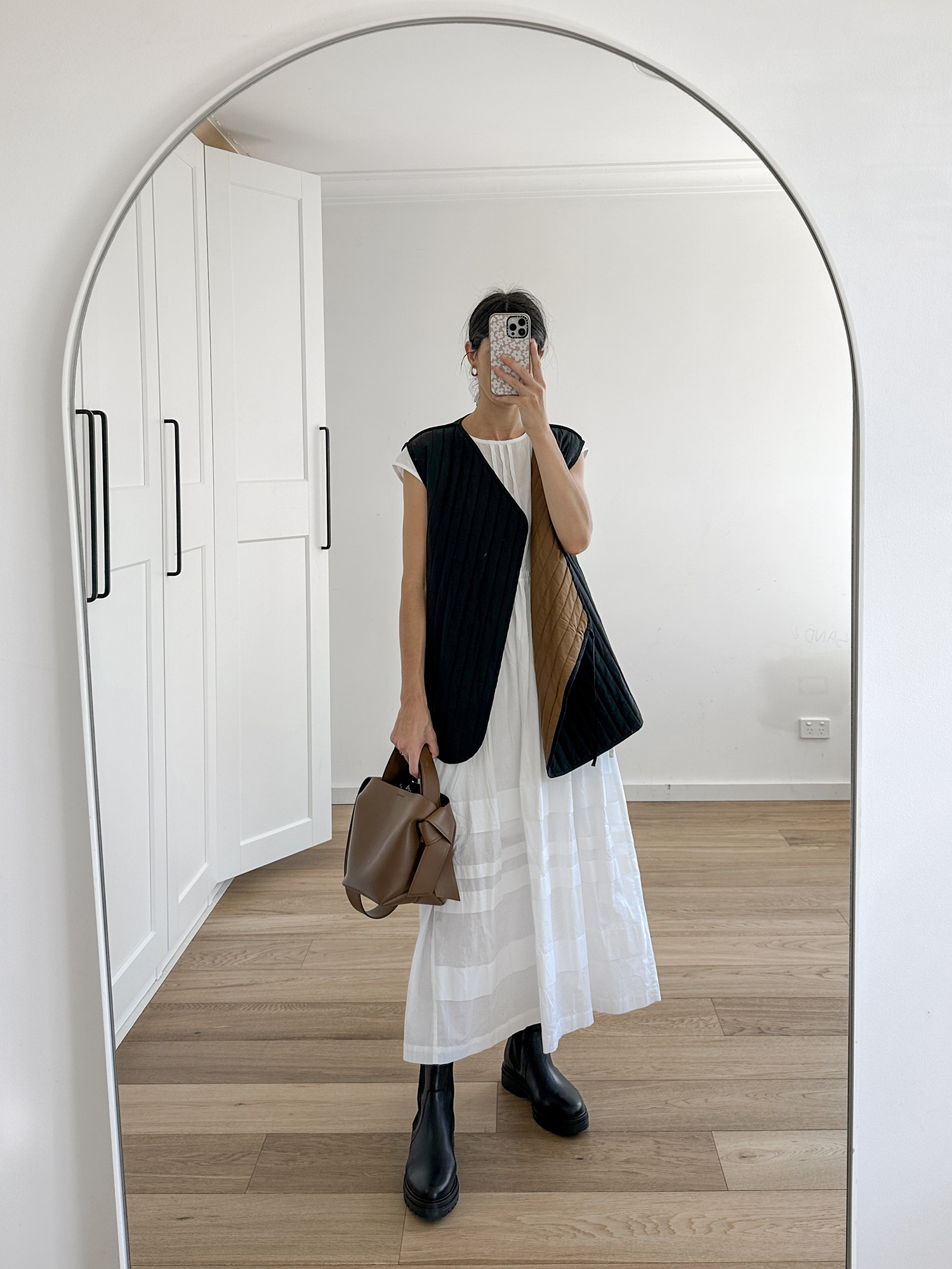 Kowtow Camille dress with Marle Alice vest and Sezane lena low boots